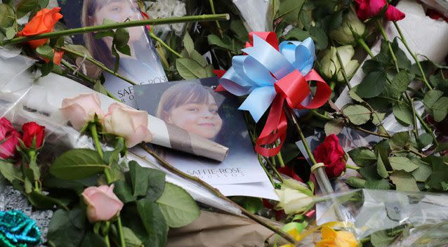 Floral tributes and images lay outside during the funeral of Manchester Attack victim Saffie Roussos. Source: Getty Images