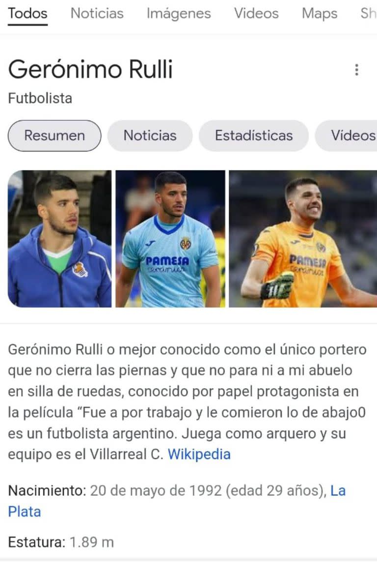 La biografía de Gerónimo Rulli en Wikipedia fue alterada con comentarios burlones luego de su mala actuación de este martes con el Villarreal; pero poco tiempo después. la biografía volvió a su edición original