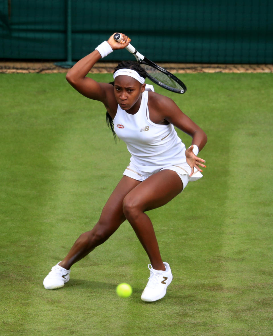 Cori Gauff in action against Venus Williams on day one of the Wimbledon Championships at the All England Lawn Tennis and Croquet Club, Wimbledon.