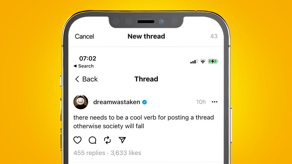 A phone on an orange background showing the Threads app