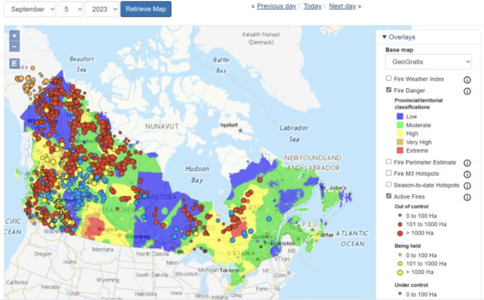 NRCan’s interactive map showing active fires as of September 5, 2023. (Screengrab:Natural Resources Canada)