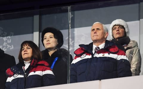 Vice President Mike Pence and North Korean Leader Kim Jong-un's sister Kim Yo-jong (back left) watch on during the Opening Ceremony of the Winter Olympics - Credit: Getty