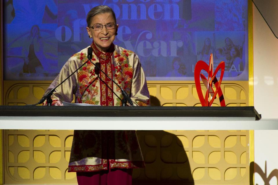 Award recipient Supreme Court Justice Ruth Bader Ginsburg appears onstage at the Glamour Women of the Year Awards on Monday, Nov. 12, 2012 in New York. (Photo by Charles Sykes/Invision/AP)