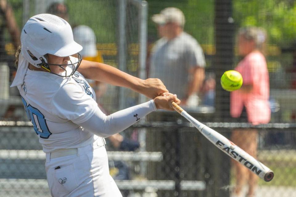 LK Black Hawaii pitcher Kandi Malama-Ahlo (20) hits the ball during a softball game against the BSC Bengals on Friday, June 14, 2024, at the Mid-America Sports Complex in Shawnee, Kansas.