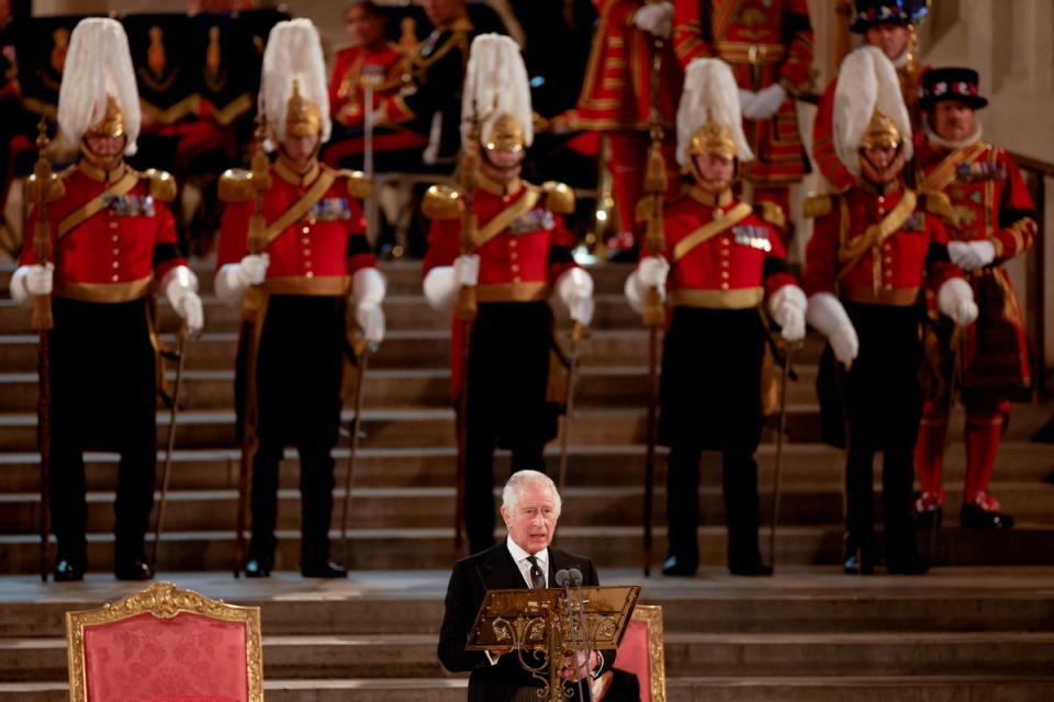 King Charles III gives his address thanking the members of the House of Lords and the House of Commons for their condolences (John Sibley/PA) (PA Wire)