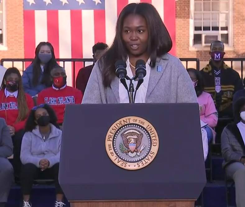 A screen grab of Jillian Jackson introducing President Joe Biden in Atlanta. President Biden was in Atlanta to speak on voting rights issues.