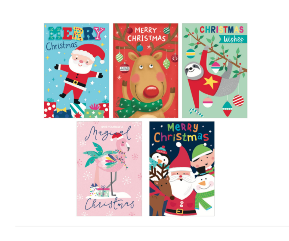 Five cartoon Christmas cards with cartoon images of Santa, a reindeer, sloth, flamingo and santa and his elves on a white background.