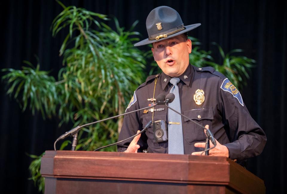 Indiana State Police Sgt. Kevin Getz discusses public safety preparations during a press conference in March.
