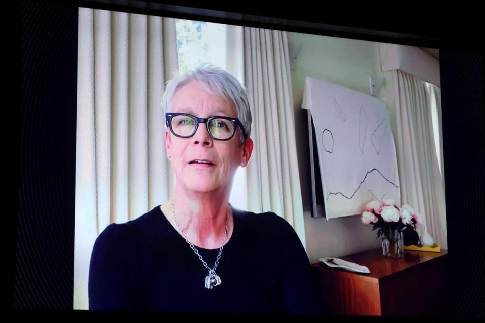 Jamie Lee Curtis speaking onscreen during the 79th Annual Golden Globe Award (HFPA/AFP via Getty Images)