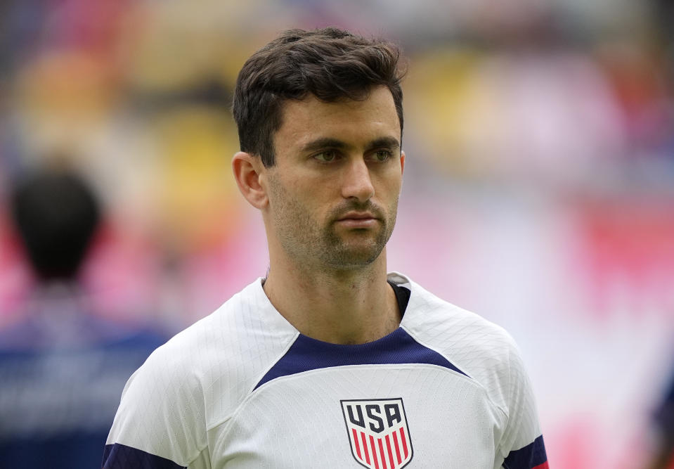 FILE - United States Luca de la Torre is pictured prior the international friendly soccer match between USA and Japan in Duesseldorf, Germany, Friday, Sept. 23, 2022. Forward Josh Sargent and midfielder Luca de La Torre will miss the United States' Nations League games because of injuries and were replaced on the roster Sunday, March 17, 2024, by winger Brenden Aaronson and forward Haji Wright. (AP Photo/Martin Meissner, File)