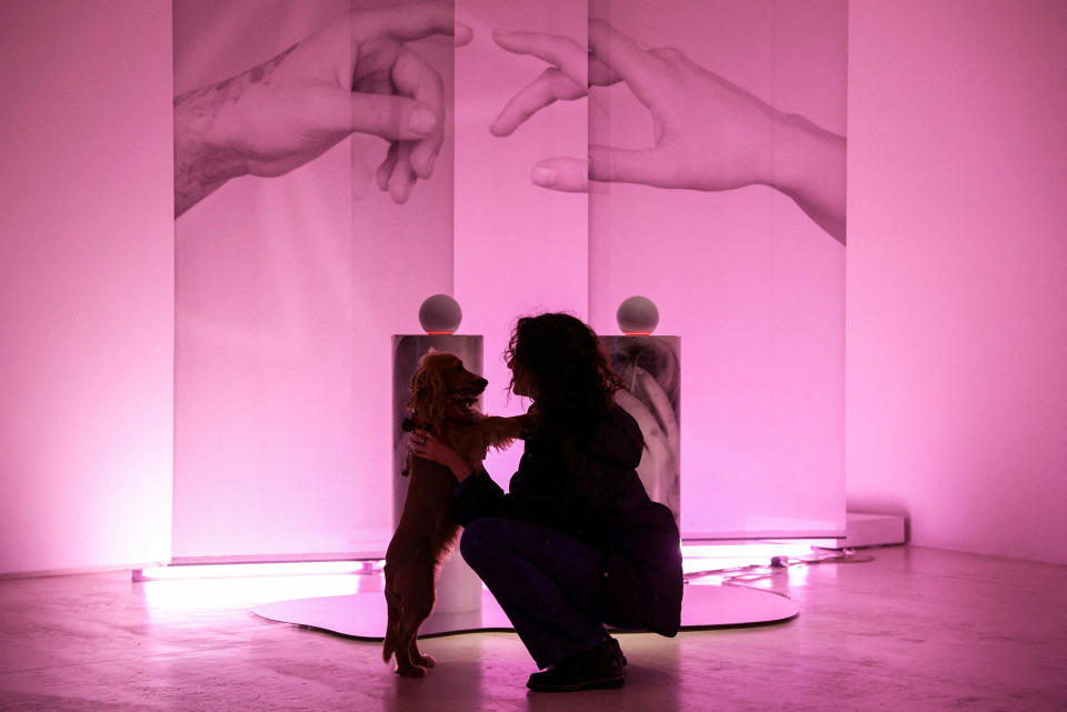 A person visits the National Museum of Contemporary Arts with their dog during a dog-friendly event ahead of the World Stray Animals Day, in Athens, on April 2, 2023. 