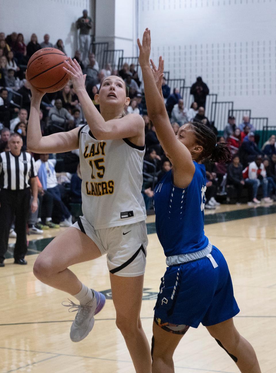 SJV Ashley Sofilkanich shoots in first half action. St. John Vianney Girls Basketball beats Paul VI (Haddonfield) in a nail biter for South Non-Public A Final on March 1, 2023 in Tabernacle, NJ.