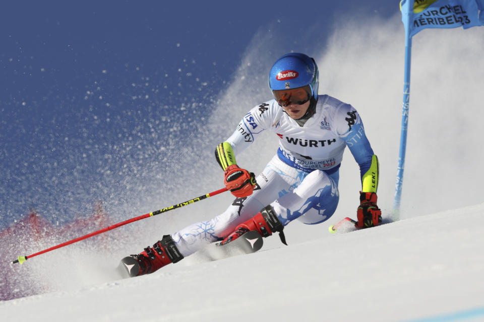 United States' Mikaela Shiffrin speeds down the course during an alpine ski World Championships giant slalom, in Meribel, France, Thursday, Feb. 16, 2023. (AP Photo/Alessandro Trovati)