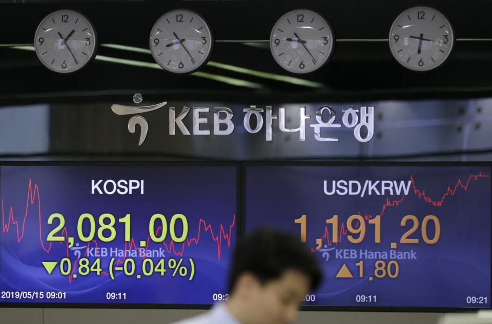 A currency trader watches the computer monitors near the screens showing the Korea Composite Stock Price Index (KOSPI), left, and the foreign exchange rate between U.S. dollar and South Korean won at the foreign exchange dealing room in Seoul, South Korea, Wednesday, May 15, 2019. Asian stocks followed Wall Street higher on Wednesday after President Donald Trump downplayed his escalating tariff war with Beijing and said a settlement is possible.(AP Photo/Lee Jin-man)