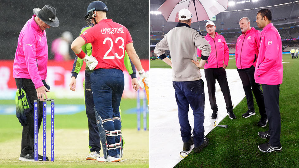 Rain, pictured here wreaking havoc at the T20 World Cup during games between England and Ireland and New Zealand and Afghanistan.