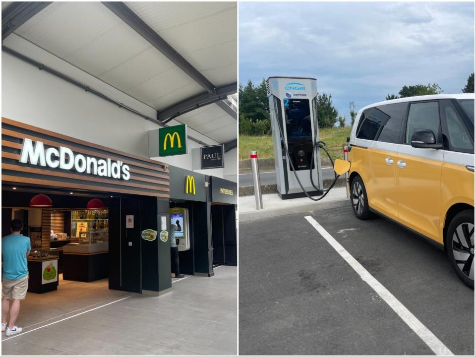 Left, McDonald's at a French service station, right, the charging pot at a French service station.
