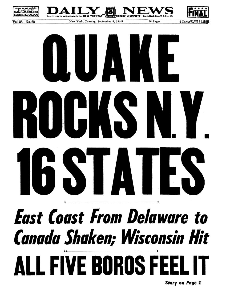 A New York Daily News headline describing a 1944 earthquake