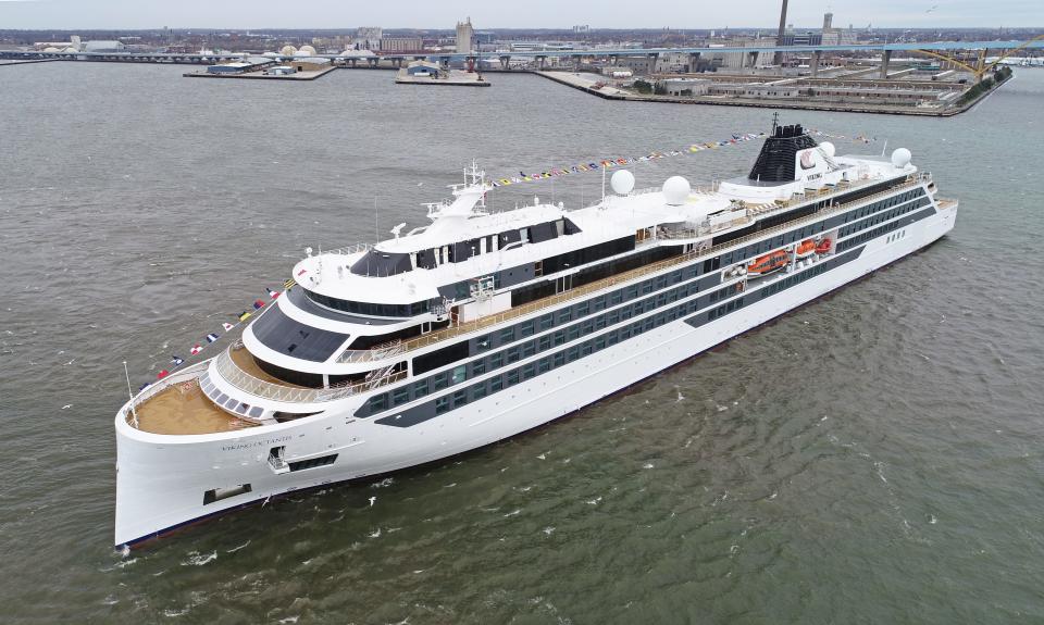 The Viking Octantis sails toward the Hoan Bridge in Milwaukee on its way to dock at the Port of Milwaukee on Friday, May 6, 2022. The Octantis was the first cruise ship to visit the city since 2019.