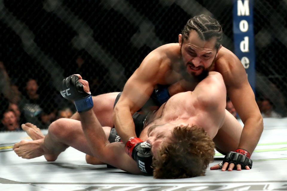 LAS VEGAS, NEVADA - JULY 06:  Jorge Masvidal of the United States knocks out  Ben Askren of the United States during their UFC 239 Welterweight Bout at T-Mobile Arena on July 06, 2019 in Las Vegas, Nevada. (Photo by Sean M. Haffey/Getty Images)