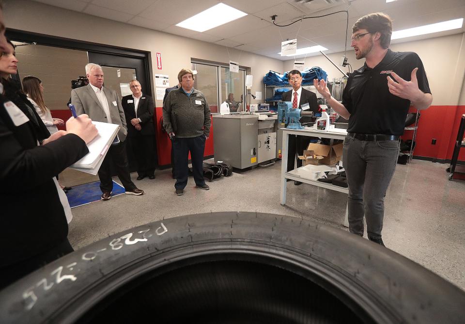 Trevor Cody, a senior chemist at Kenda Tires American Technology Center in Green, discusses processes he and other chemists follow to tests materials used in tires. The information is used in tire production.