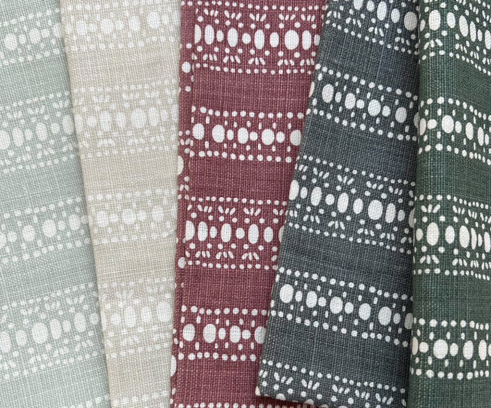 Greige Textiles’ Henri fabric in Salt on Oyster, Heron on Oyster, Fig on Oyster and Upstate on Oyster