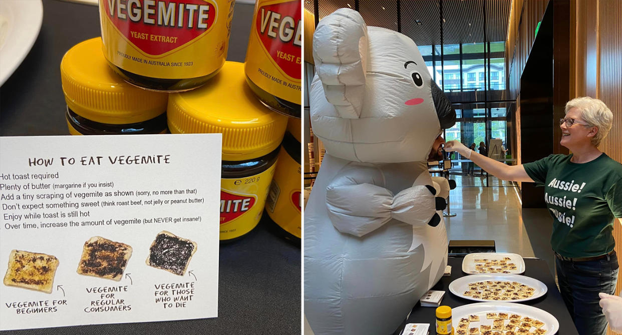 Left, the sign showing how to eat Vegemite. Right, a woman feeds an inflatable koala Vegemite on a cracker at the Australian embassy in Washington D.C. 
