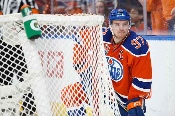 EDMONTON, AB - MAY 7: Connor McDavid #97 of the Edmonton Oilers makes a face behind the net of the Anaheim Ducks in Game Six of the Western Conference Second Round during the 2017 NHL Stanley Cup Playoffs at Rogers Place on May 7, 2017 in Edmonton, Alberta, Canada. (Photo by Codie McLachlan/Getty Images)