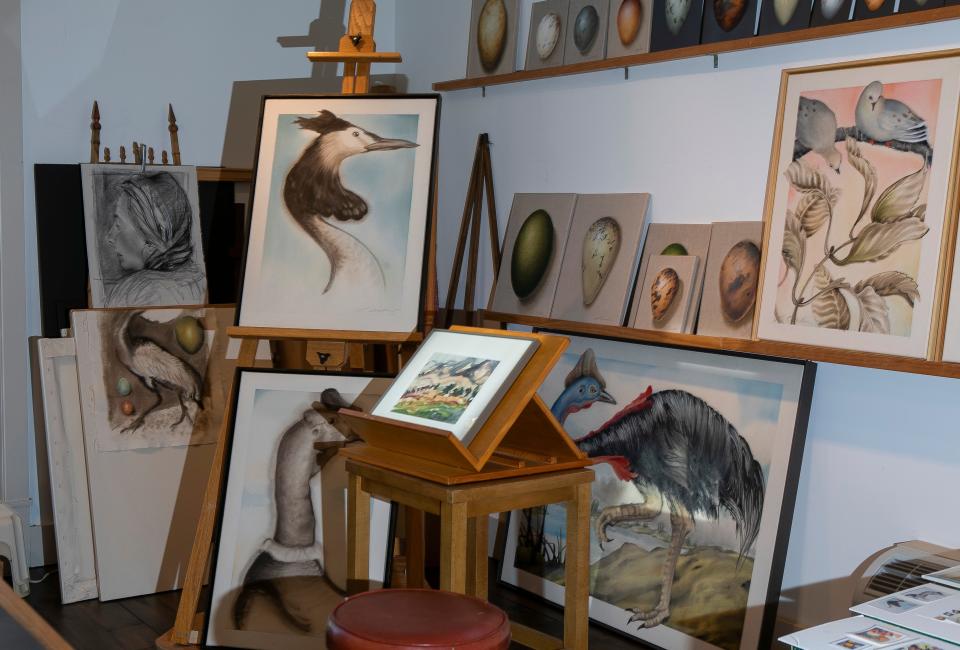 A collection of paintings by artist Lynn Carden are shown in her studio at her home in Buouneville.