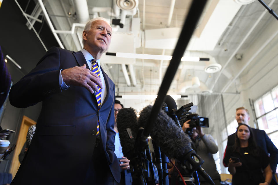 Former Vice President and 2020 Democratic presidential candidate Joe Biden speaks to the media while during a visit with an assembly of Southern black mayors Thursday, Nov. 21, 2019 in Atlanta. (AP Photo/John Amis)
