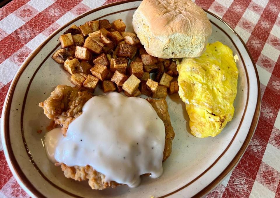 Chicken-fried steak and eggs on the breakfast menu at the Star Cafe, seen June 4, 2023.
