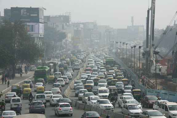 A road in New Delhi, India is jammed with traffic, March 4, 2014.