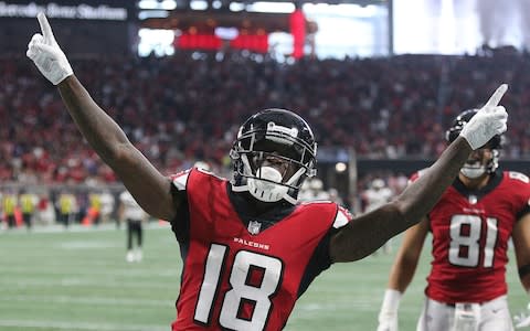 Atlanta Falcons wide receiver Calvin Ridley reacts after catching his second touchdown pass from Matt Ryan during the second quarter of an NFL football game against the New Orleans Saints, in Atlanta. Ridley's first time touching the ball against the Saints last Sunday was as a tailback. He then made his mark at his real position of wide receiver, setting a team rookie record with three TD catches in his breakout game that could impact other teams' defensive plans, including Cincinnati this week. (Curtis Compton/Atlanta Journal-Constitution via AP, File) - Credit: (Curtis Compton/Atlanta Journal-Constitution via AP)