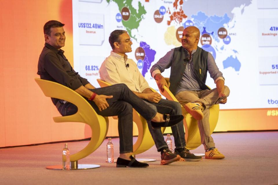 TBO co-founders and joint managing directors, Gaurav Bhatnagar (middle) and Ankush Nijhawan (left) with Skift CEO Rafat Ali at the Skift India Summit.
