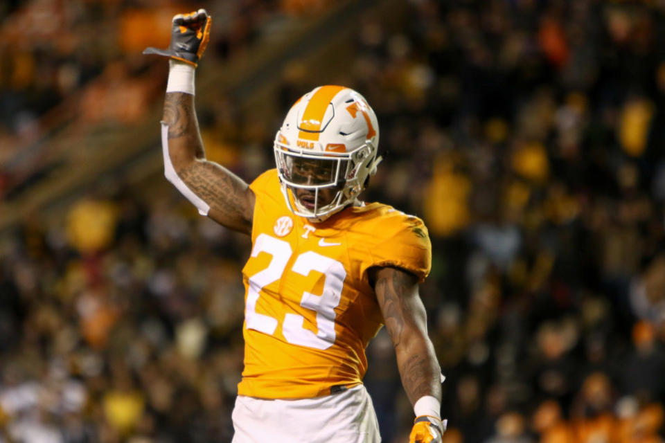 Nov 19, 2016; Knoxville, TN, USA; Tennessee Volunteers defensive back Cameron Sutton (23) reacts during the second half against the Missouri Tigers at Neyland Stadium. Tennessee won 63-37. Mandatory Credit: Randy Sartin-USA TODAY Sports