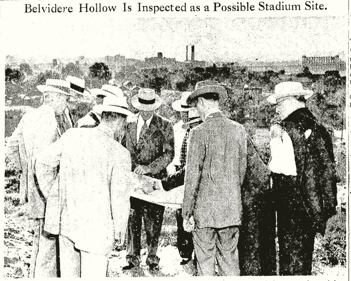 City officials examining Belvidere Hollow as a possible stadium site in 1950.