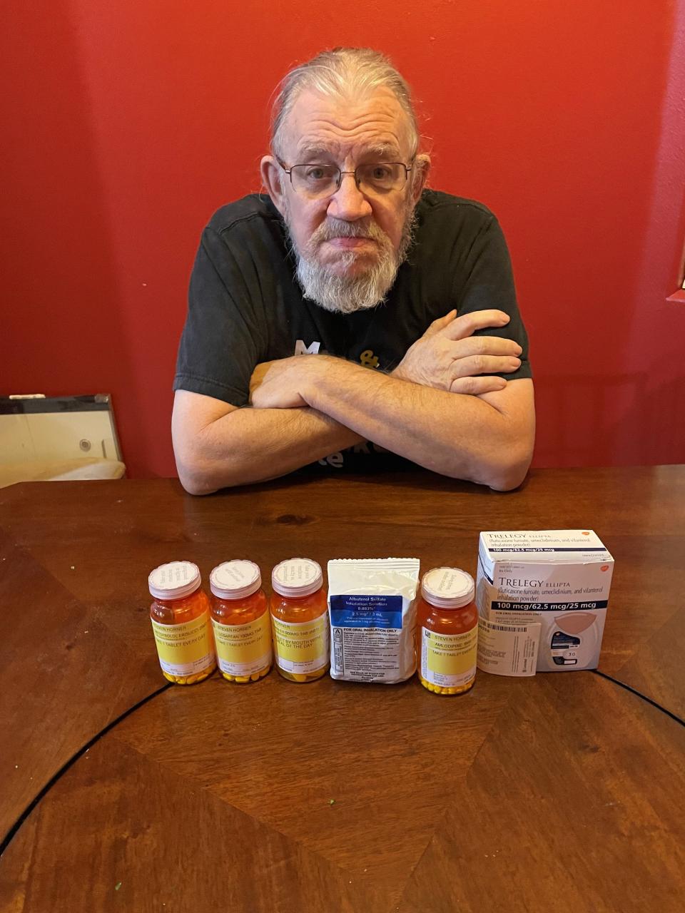 Steve Horner, 71, of Nevada, with some of the prescriptions he has to pay for out of his own pocket.