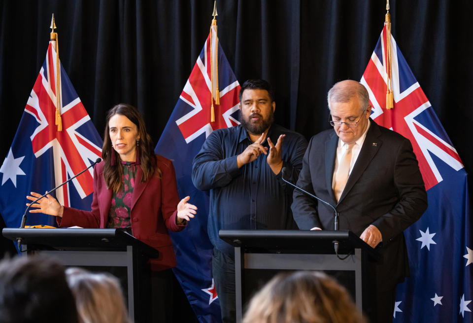 New Zealand Prime Minister Jacinda Ardern and Australian Prime Minister Scott Morrison speak during a joint press conference held at The Nest in Queenstown, New Zealand, Monday, May 31, 2021