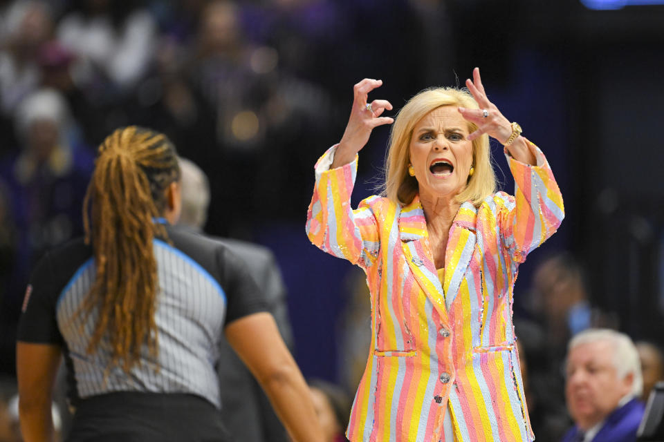 LSU coach Kim Mulkey yells after a foul call during the NCAA tournament. (Andy Hancock/NCAA Photos/NCAA Photos via Getty Images)
