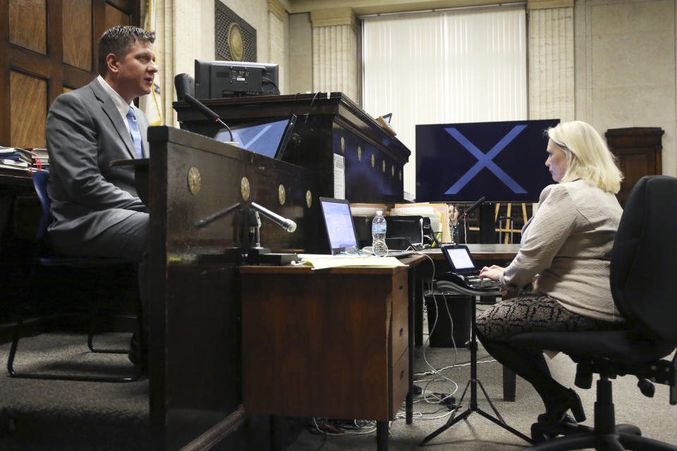 Chicago police Officer Jason Van Dyke takes the stand on Tuesday, Oct. 2, 2018, during his first degree murder trial for the shooting death of Laquan McDonald at the Leighton Criminal Court Building in Chicago. (Antonio Perez/Chicago Tribune via AP, Pool)