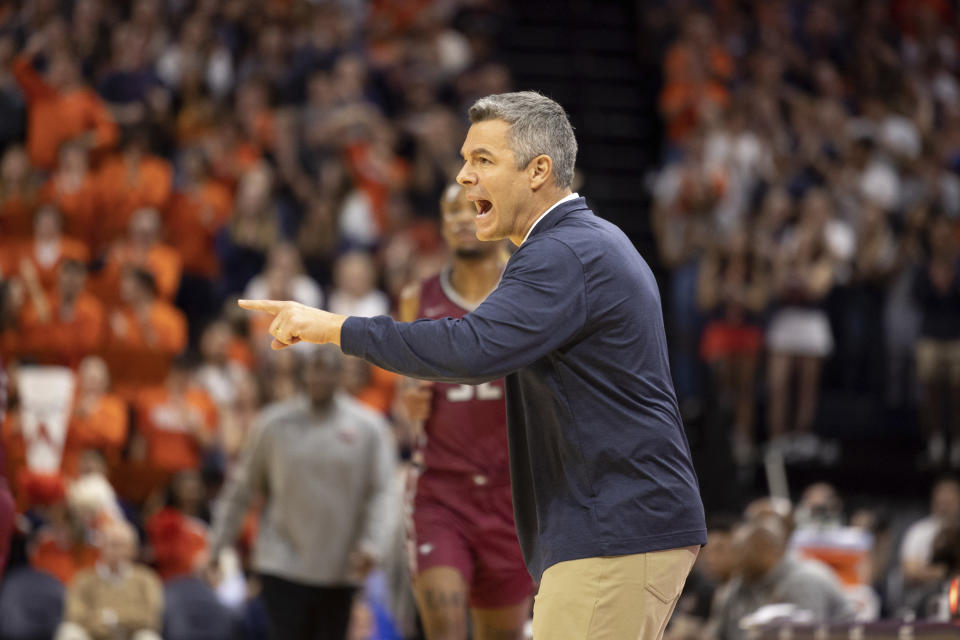 Virginia head coach Tony Bennett yells at his players during the first half of an NCAA college basketball game against North Carolina Central in Charlottesville, Va., Monday, Nov. 7, 2022. (AP Photo/Mike Kropf)