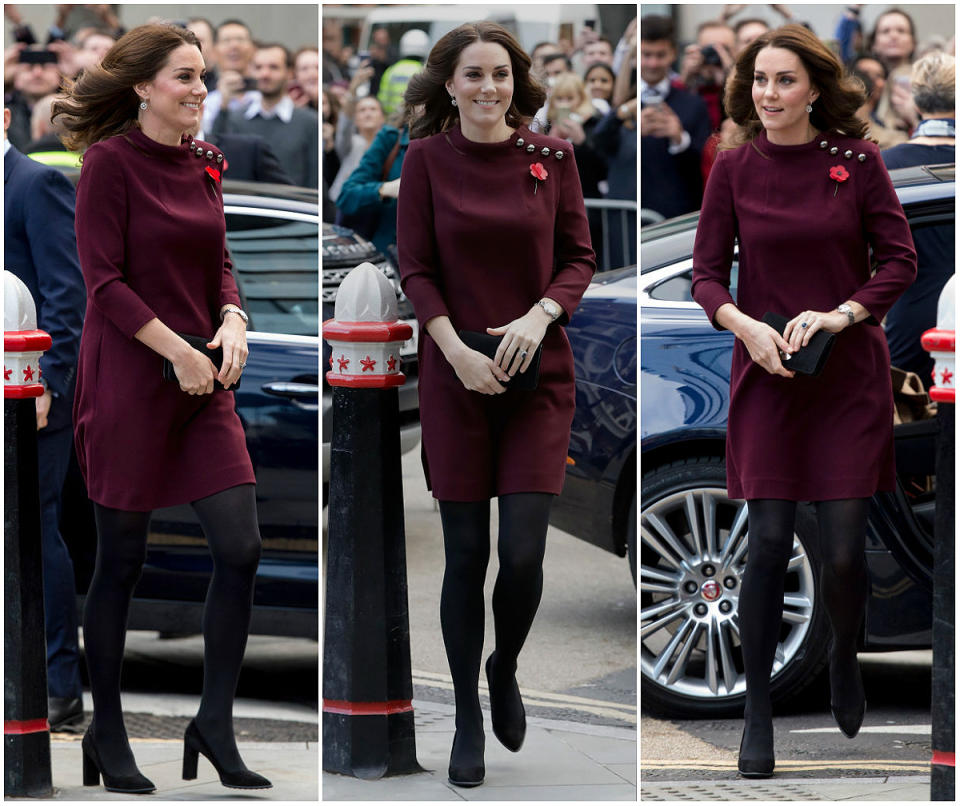 <p><strong>When: Nov. 8, 2017</strong><br>The Duchess of Cambridge spoke at the Place2Be School Leaders Forum 2017 in London on Wednesday, showing off a hint of a baby bump in a purple-hued Eloise tunic dress by <a rel="nofollow noopener" href="http://www.goatfashion.com/us/eloise-dress-plum" target="_blank" data-ylk="slk:Goat Fashion;elm:context_link;itc:0;sec:content-canvas" class="link ">Goat Fashion</a>. Retailing at $640 USD, the A-line shaped frock (which is now sold out) features a high neckline decorated with a line of shine pewter buttons. Kate complemented the dress with dark tights, black pumps and a clutch that strategically covered her growing tummy…<em>(Photo: Getty)</em> </p>