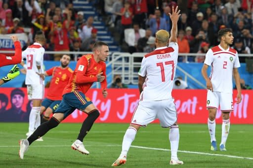 VAR to the rescue: Iago Aspas celebrates his equaliser against Morocco