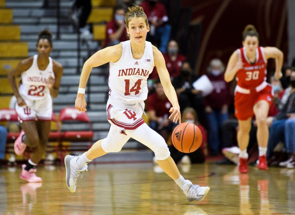 Indiana's Ali Patberg (14) brings up the ball during the first half of the Indiana versus Fairfield women's basketball game at Simon Skjodt Assembly Hall on Thursday, Dec. 9, 2021.