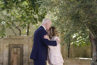 President Joe Biden is greeted by Italian Prime Minister Giorgia Meloni upon arrival at the G7, Thursday, June 13, 2024, in Borgo Egnazia, Italy. (AP Photo/Alex Brandon)