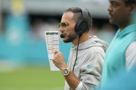Miami Dolphins head coach Mike McDaniel watches the game during the second half of an NFL football game against the Carolina Panthers, Sunday, Oct. 15, 2023, in Miami Gardens, Fla. (AP Photo/Wilfredo Lee)