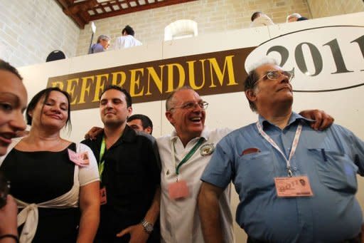 Members of the Green Party announce the "yes" vote in the non-binding referendum to legalise divorce in Malta at a polling station in Valetta. Overwhelmingly Catholic Malta has voted in favour of legalising divorce, Prime Minister Lawrence Gonzi announced Sunday after a referendum in one of the only two countries where it is still banned