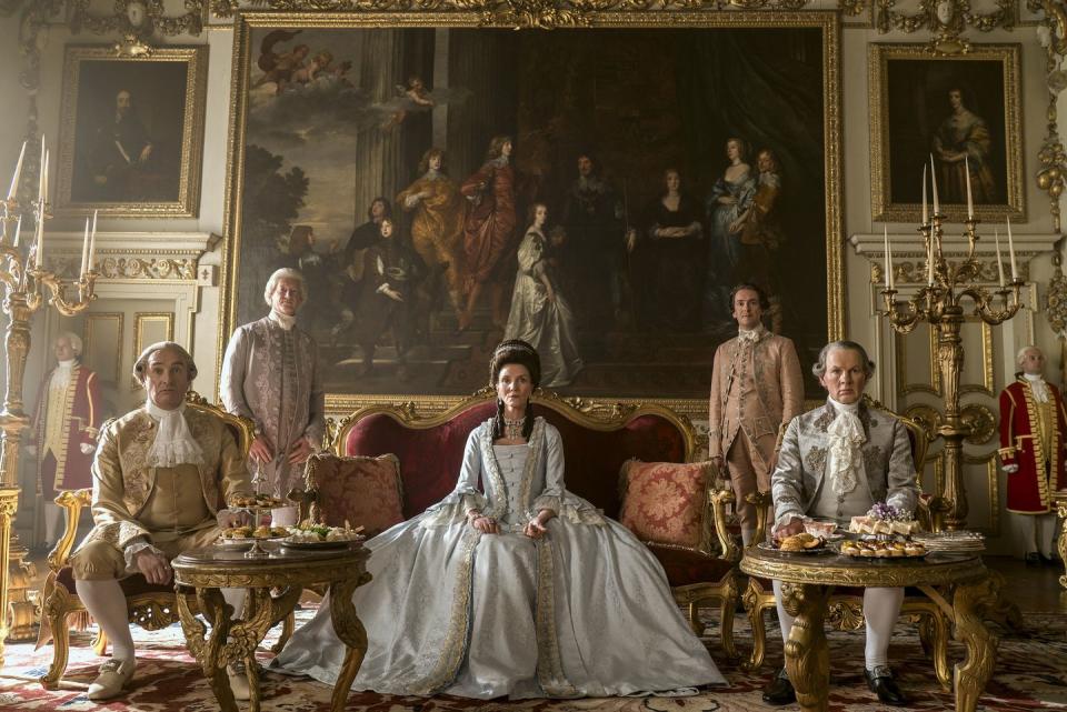 queen charlotte a bridgerton story l to r neil edmond as earl harcourt, michelle fairley as princess augusta, richard cunningham as lord bute in episode 102 of queen charlotte a bridgerton story cr liam danielnetflix © 2023