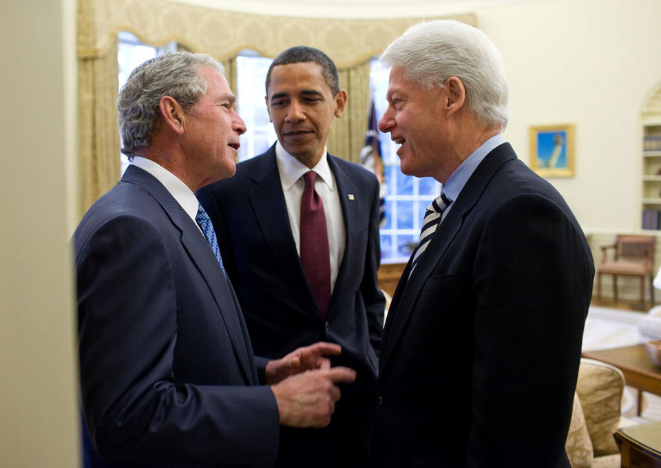 <p>"President Obama had called on the two former Presidents to help with the situation in Haiti. During their public remarks in the Rose Garden on January 16, 2010, President Clinton had said about President Bush, 'I've already figured out how I can get him to do some things that he didn't sign on for.' Later, back in the Oval, President Bush is jokingly asking President Clinton what were those things he had in mind." (Pete Souza/The White House) </p>