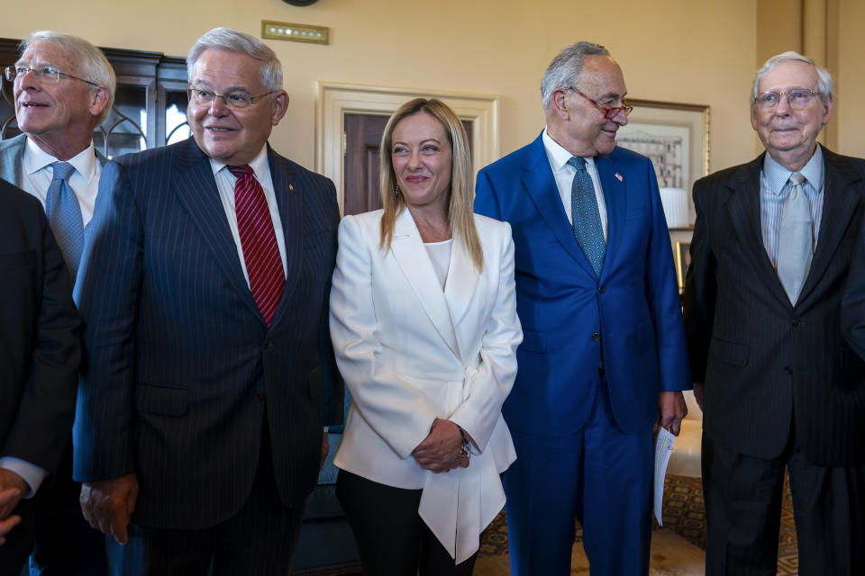 From left, Senate Armed Services Committee Ranking Member Roger Wicker, R-Miss., Senate Foreign Relations Committee Chair Bob Menendez, D-N.J., Italian Prime Minister Giorgia Meloni, Senate Majority Leader Chuck Schumer, D-N.Y., Senate Minority Leader Mitch McConnell, and Senate Foreign Relations Committee Ranking Member Jim Risch, R-Idaho, stand before a luncheon meeting at the Capitol in Washington, Thursday, July 27, 2023. (AP Photo/J. Scott Applewhite)