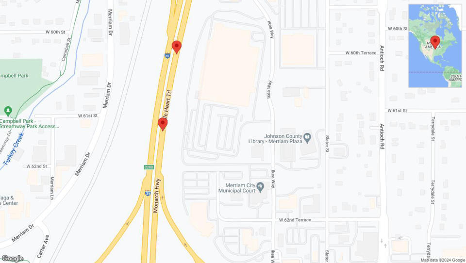 A detailed map that shows the affected road due to 'Broken down vehicle on northbound I-35 in Merriam' on July 15th at 4:09 p.m.